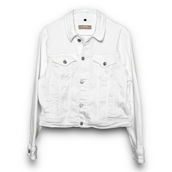 7 FOR ALL MANKIND 90s Luxe Ivory Stretch Denim Cropped Jean Trucker Jacket L - Picture 11 of 15